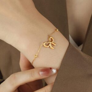Dainty Bow Charm Bracelet Gold Tone Stainless Steel