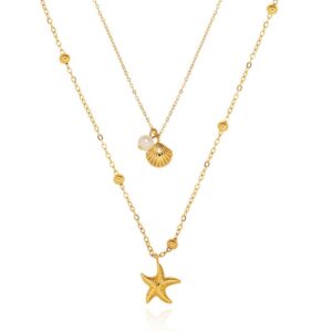 The Riviera Shell Layered Necklace Gold Tone Stainless Steel