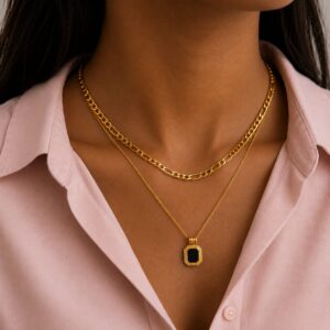 The Noir Frame Layered Necklace 18k Gold Plated Stainless Steel