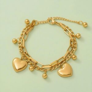 Layered Heart Charm Bracelet – Gold Tone Stainless Steel