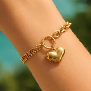 Mixed Chain Puffed Heart Bracelet  Gold Tone Stainless Steel