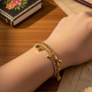 Double Layer Cube & Ball Charm Bracelet  Gold Tone Stainless Steel