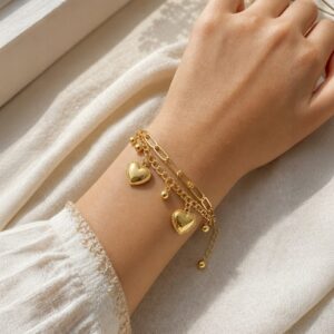 Layered Heart Charm Bracelet  Gold Tone Stainless Steel