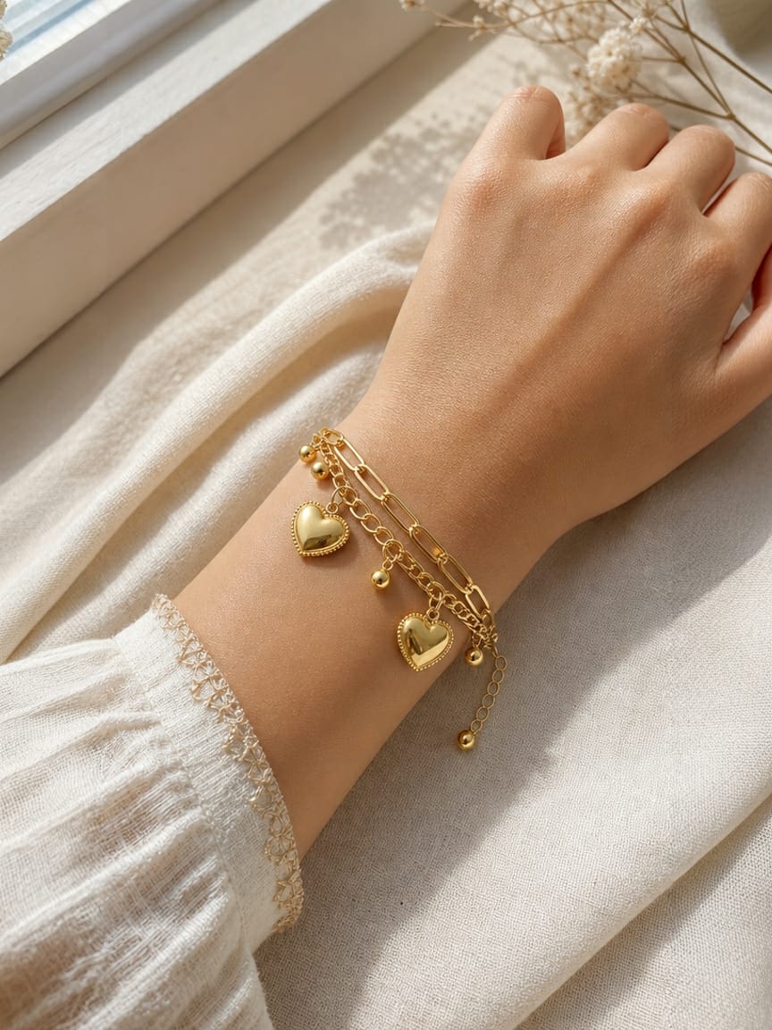 Layered Heart Charm Bracelet – Gold Tone Stainless Steel - Image 2